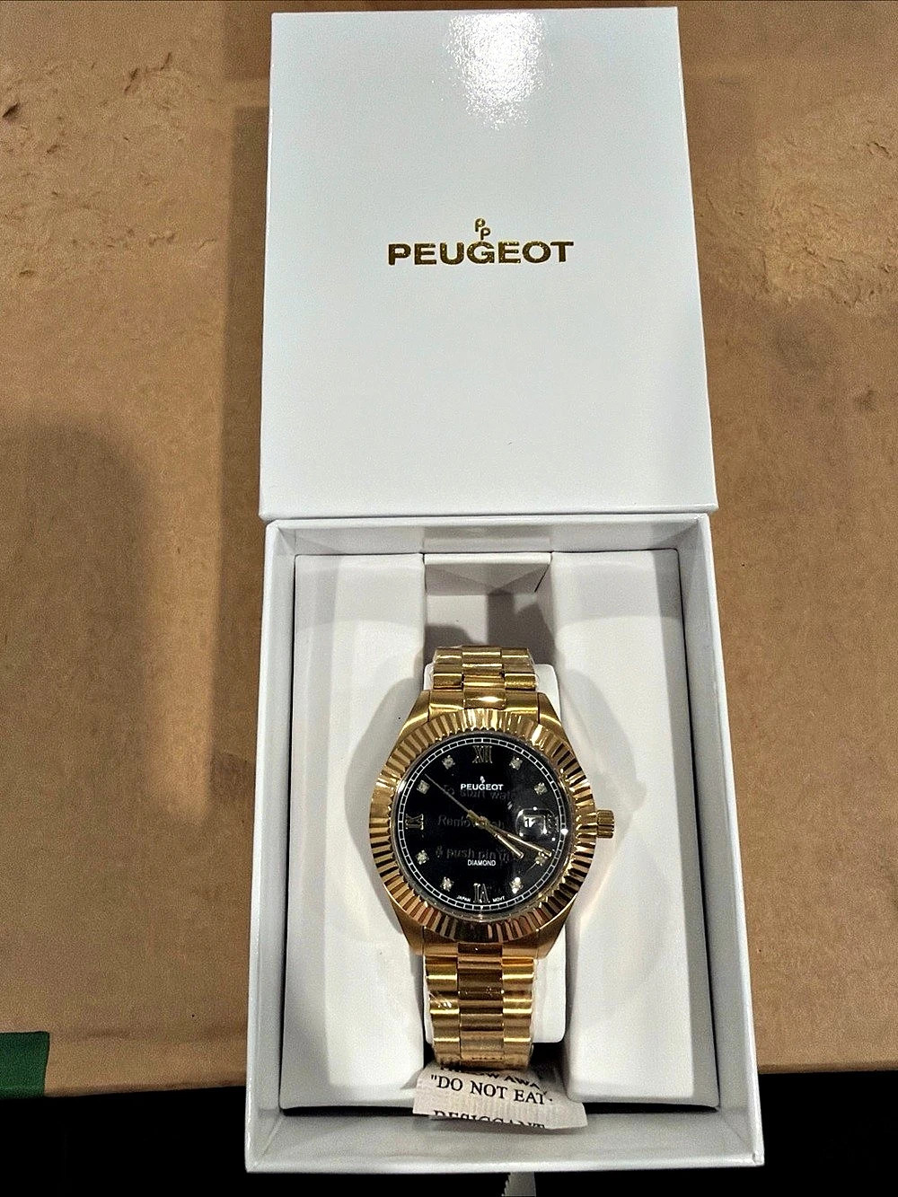 Peugeot Men's 40mm Black Dial 14K Gold Plated Genuine Diamond Dial Watch NWT